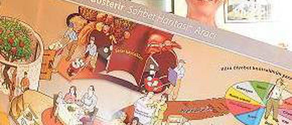 Poster. Ernährungsberaterin Ilse Christodolou zeigt das Schulungsmaterial. 