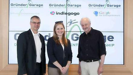 Initiieren neuen Wettbewerb Gründer-Garage: Wieland Holfelder von Google, Danae Ringelmann von Indiegogo und Günter Faltin von der Stiftung Entrepreneurship.