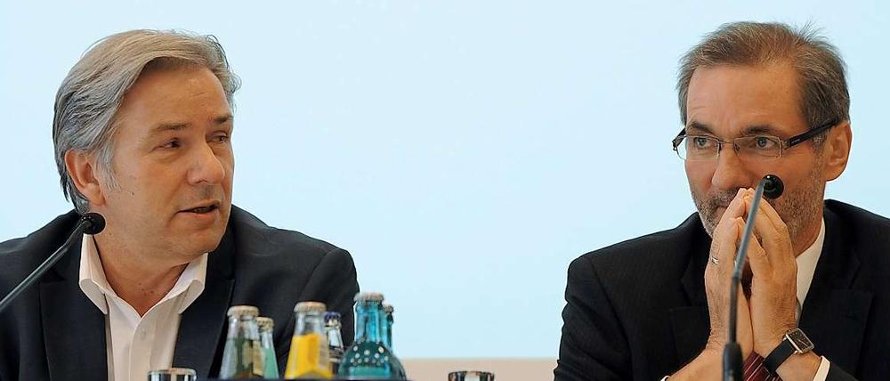 Sie sind zufrieden mit dem Leipziger Flugrouten-Urteil: Berlins Regierender Bürgermeister Klaus Wowereit und Brandenburgs Ministerpräsident Matthias Platzeck.