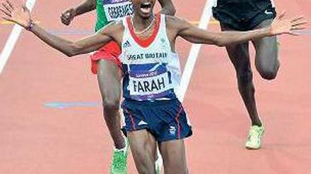 Ich wieder! Nach dem Sieg über 10 000 Meter hatte Mohamed Farah auch nach 5000 Metern etwas zu lachen. Foto: AFP