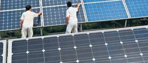 Glänzend. Arbeiter putzen Solarmodule im chinesischen Baoding.