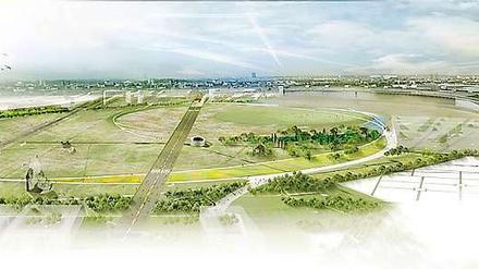 Tempelhofer Visionen. Diese Simulationen haben die Architektenbüros Gross.Max und Sutherland Hussey erstellt. Zwischen den beiden alten Landebahnen ist der 60 Meter hohe Kletterfelsen zu erkennen. Auch um ihn wird diskutiert.
