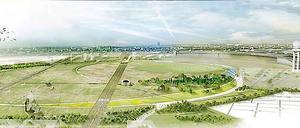 Tempelhofer Visionen. Diese Simulationen haben die Architektenbüros Gross.Max und Sutherland Hussey erstellt. Zwischen den beiden alten Landebahnen ist der 60 Meter hohe Kletterfelsen zu erkennen. Auch um ihn wird diskutiert.