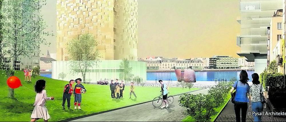 Verdichtete Bebauung. Am Spreeufer nahe der Grenze von Treptow zu Kreuzberg sollen neue Hochhäuser entstehen. Außerdem ist ein Park geplant. 