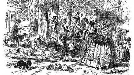 Hunde-Chaos in Berlin. Theodor Hosemann karikierte 1846 das Straßenbild mit Karrenhunden und andere Schnauzen.