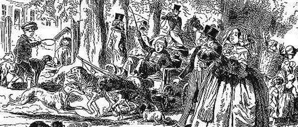 Hunde-Chaos in Berlin. Theodor Hosemann karikierte 1846 das Straßenbild mit Karrenhunden und andere Schnauzen.
