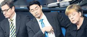 Müdes Bündnis. FDP, hier die Herren Westerwelle und Rösler, und Union samt Kanzlerin haben schon 2011 kaum noch Begeisterung fürs gemeinsame Regieren gezeigt. 