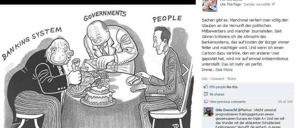 Gibt sich überrascht: FPÖ-Chef Heinz-Christian Strache beteuert auf seiner Facebook-Seite, dass diese Karikatur nicht antisemitisch sei.