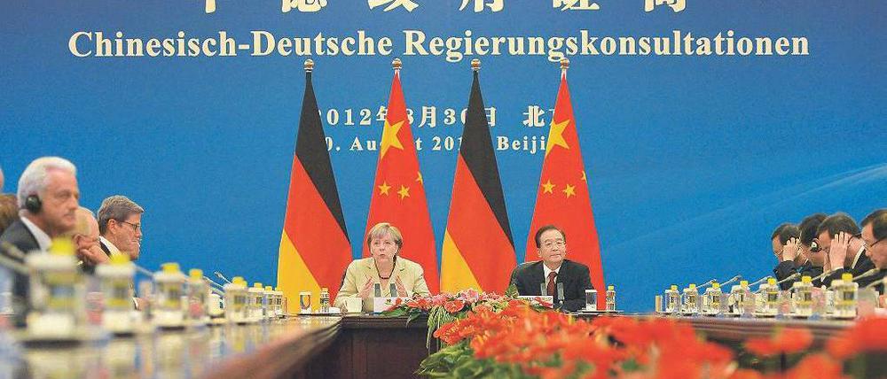 In großer Runde. Wenn Chinas und Deutschlands Regierungen tagen, will jeder dabei sein. Berlin reiste mit sieben Ministern an, Peking schickte sogar acht. Foto: Oliver Lang/dapd