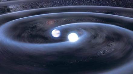 Tanz der Sterne. Bei der Bewegung werden Gravitationswellen abgestrahlt.