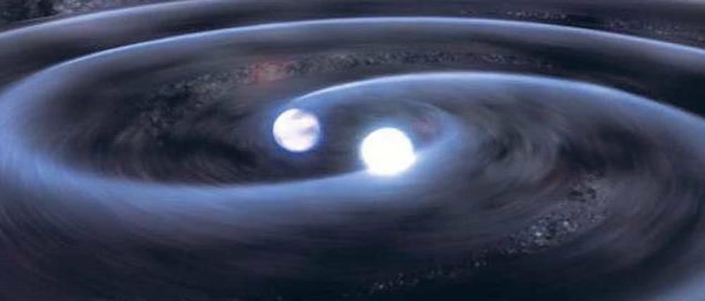 Tanz der Sterne. Bei der Bewegung werden Gravitationswellen abgestrahlt.