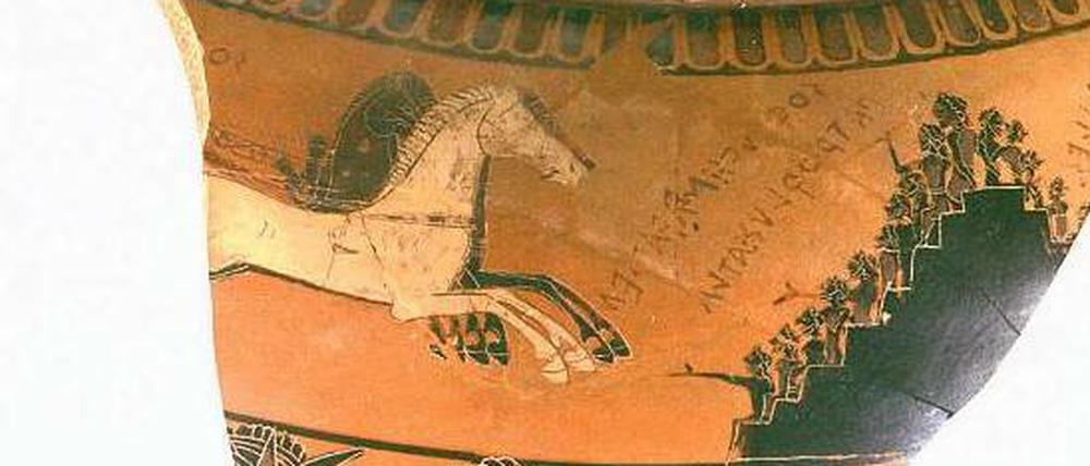 La Ola in der Antike. Dieses Fragment eines attischen Weingefäßes um 570 v. Chr. zeigt Zuschauer beim Wagenrennen.