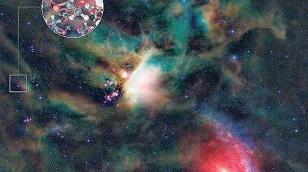 Süße Sterne. Das Bild zeigt die Region „Rho Ophiuchi“ im Infrarotlicht. Die Zuckermoleküle wurden bei IRAS 16293-2422 entdeckt, dem rötlichen Objekt in der Mitte des Quadrats. Das kleinere Bild ist eine künstlerische Darstellung von Glycolaldehydmolekülen.