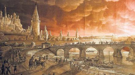 Lebensnah. 1812 malte Schinkel den Brand von Moskau – die Ausstellung rekonstruiert das Schaubild mit beweglichen Figuren. 
