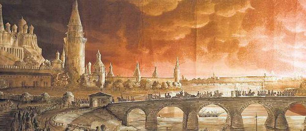 Lebensnah. 1812 malte Schinkel den Brand von Moskau – die Ausstellung rekonstruiert das Schaubild mit beweglichen Figuren.