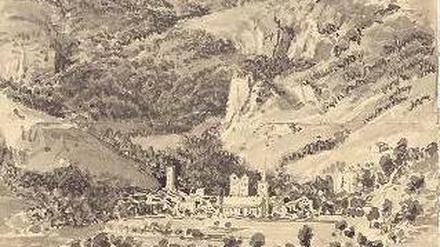 Auf Reisen. Ansicht von Brig mit Umgebung im Schweizer Kanton Wallis, 1824.Eines von 5500 Blättern, die das Forscherteam in drei Jahren untersucht und digitalisiert hat. Die lavierte Zeichnung stammt aus einem Skizzenbuch.