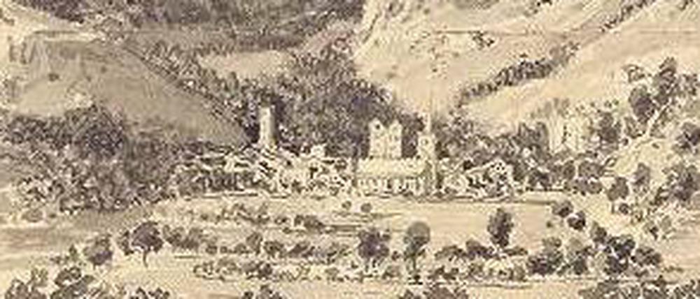 Auf Reisen. Ansicht von Brig mit Umgebung im Schweizer Kanton Wallis, 1824.Eines von 5500 Blättern, die das Forscherteam in drei Jahren untersucht und digitalisiert hat. Die lavierte Zeichnung stammt aus einem Skizzenbuch.