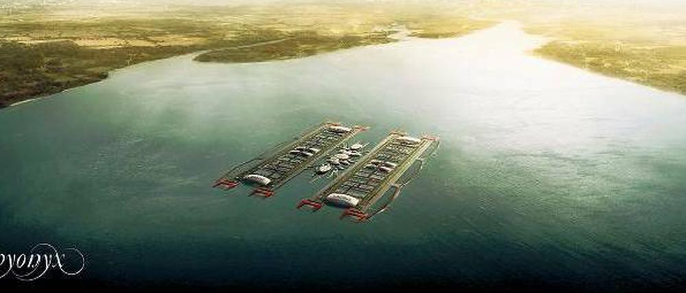 So sähe der Themse-Airport aus. Animation der Pläne des Büros Gensler. Passagiere würden den Komplex unterirdisch erreichen. 