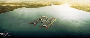 So sähe der Themse-Airport aus. Animation der Pläne des Büros Gensler. Passagiere würden den Komplex unterirdisch erreichen. 