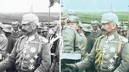 Verfremdung. Kaiser Wilhelm II. verleiht bei einem Frontbesuch Orden an deutsche Soldaten – Standbild aus einem deutschen Propagandafilm. 2,67 Millionen Zuschauer (Marktanteil: 8,9 Prozent) verfolgten am Dienstag den ersten Teil der Dokureihe „Weltenbrand“. 