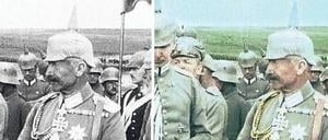 Verfremdung. Kaiser Wilhelm II. verleiht bei einem Frontbesuch Orden an deutsche Soldaten – Standbild aus einem deutschen Propagandafilm. 2,67 Millionen Zuschauer (Marktanteil: 8,9 Prozent) verfolgten am Dienstag den ersten Teil der Dokureihe „Weltenbrand“.