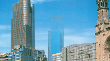 Gläserner Zwillingsturm. Der Atlas-Tower entsteht nahe der Gedächtniskirche am Breitscheidplatz. Das „Zoofenster“ dahinter deutet diese Simulation nur an. 