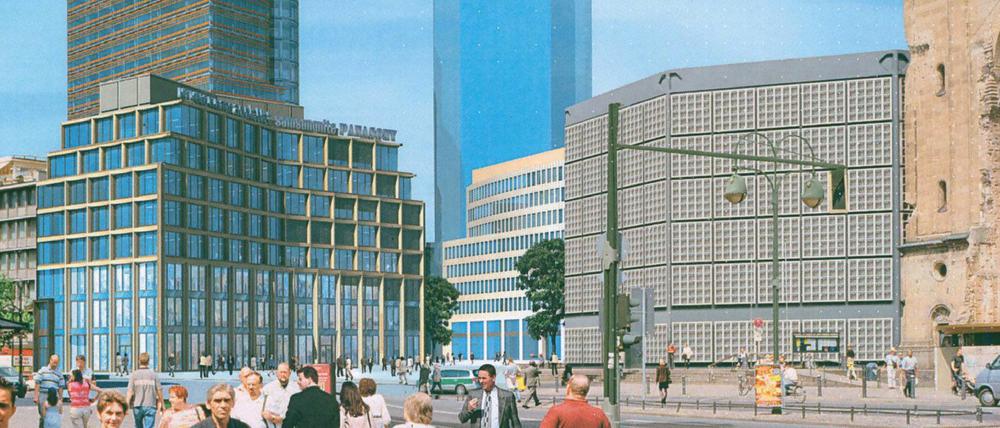 Gläserner Zwillingsturm. Der Atlas-Tower entsteht nahe der Gedächtniskirche am Breitscheidplatz. Das „Zoofenster“ dahinter deutet diese Simulation nur an.