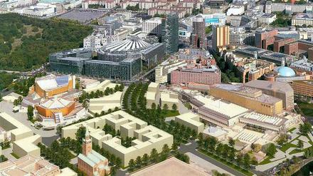 Stadtquartier statt Stadtlandschaft. Die sechs von Hans Stimmann zu Entwürfen für das Kulturforum animierten Architekten wollen die dortigen Freiflächen bebauen, mit der St. Matthäuskirche als Zentrum. Hier der Entwurf von Bernd Albers.