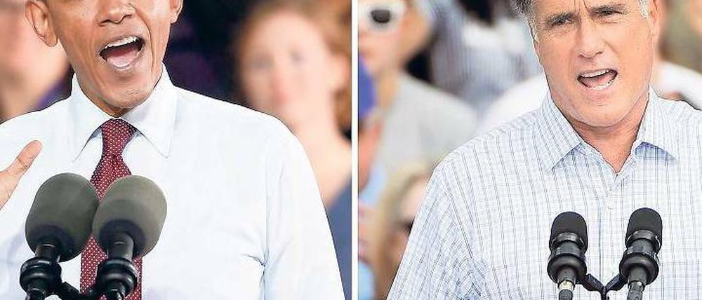Die Duellanten.: Barack Obama (links) und Mitt Romney machen Wahlkampf. Foto: EPA