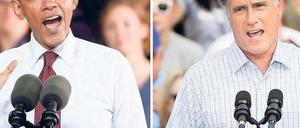 Die Duellanten.: Barack Obama (links) und Mitt Romney machen Wahlkampf. Foto: EPA
