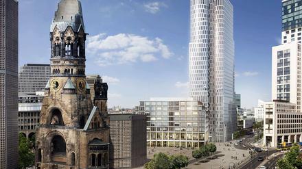 Noch ein Turm. Das Hochhaus „Upper West“ (Mitte) entsteht neben der Gedächtniskirche und dem fast fertigen „Zoofenster“, in dem bald das Luxushotel Waldorf-Astoria eröffnen soll. 