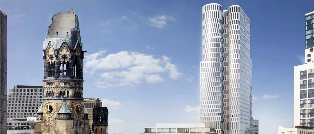 Noch ein Turm. Das Hochhaus „Upper West“ (Mitte) entsteht neben der Gedächtniskirche und dem fast fertigen „Zoofenster“, in dem bald das Luxushotel Waldorf-Astoria eröffnen soll. 
