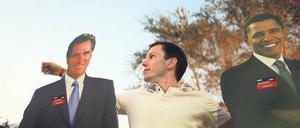 Projektionsflächen. Die Kandidaten als Kartonaufsteller auf dem Campus der Lynn University in Florida, wo am heutigen Montagabend die dritte Fernsehdebatte zwischen Präsident Barack Obama und Herausforderer Mitt Romney stattfindet. 