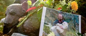 Das Knut-Denkmal liegt bescheiden auf dem Boden, statt auf einem Sockel zu glänzen.