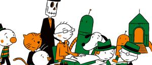 Besuch von Freunden: Der Zeichner im Kreise seiner Schöpfungen.