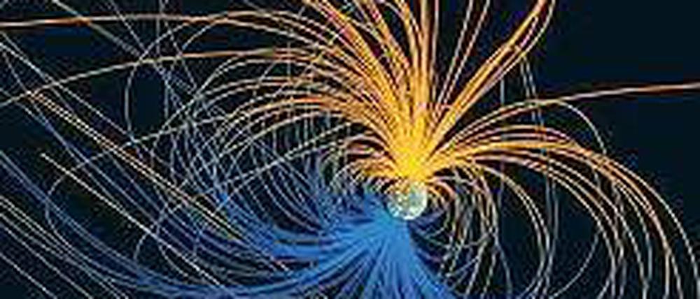 Riesiger Stabmagnet. Die Animation zeigt die Linien des Erdmagnetfelds. Vorsicht Falle: Der magnetische Südpol befindet sich in der Arktis und der magnetische Nordpol in der Antarktis.