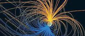 Riesiger Stabmagnet. Die Animation zeigt die Linien des Erdmagnetfelds. Vorsicht Falle: Der magnetische Südpol befindet sich in der Arktis und der magnetische Nordpol in der Antarktis.
