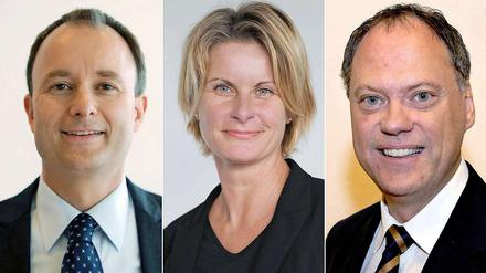 Der CDU-Politiker Gert Meyer (links), Susanne Gaschke (SPD) und Andreas Tietze (Die Grünen) kämpfen in Kiel um das Amt des Oberbürgermeisters.