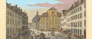 Im alten Stil. Der Cöllner Fischmarkt mit dem Cöllner Rathaus, auf einem Kupferstich von Jean Rosenberg (1785). Foto: bpk