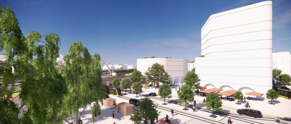 Neuer Stadtplatz für Pankow - die Straßenbahn fährt unter der S-Bahn-Brücke zum Stadthaus. Flanieren, einkaufen, verweilen kann man hier künftig.