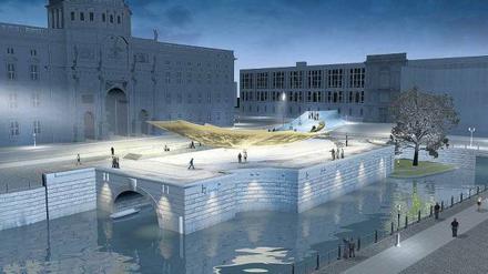 So könnte es aussehen. Der Siegerentwurf für das Einheitsdenkmal von Milla/Waltz (2011). Links das geplante Schloss. 