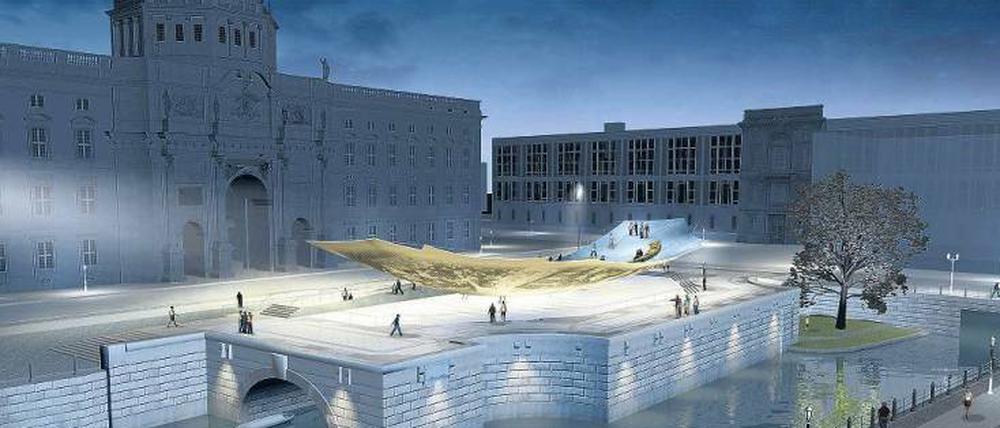 So könnte es aussehen. Der Siegerentwurf für das Einheitsdenkmal von Milla/Waltz (2011). Links das geplante Schloss.