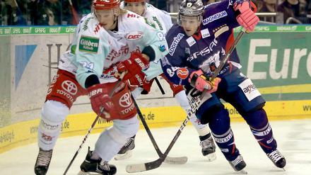 Duell mit hoher Torgarantie. Heute tritt Daniel Brière (r.) mit den Eisbären in Köln an. Das letze Mal siegten die Haie 6:5.