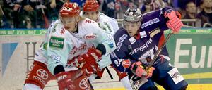 Duell mit hoher Torgarantie. Heute tritt Daniel Brière (r.) mit den Eisbären in Köln an. Das letze Mal siegten die Haie 6:5.