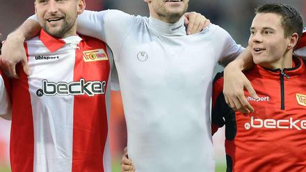 Letzter Mann mittendrin: Torwart Daniel Haas (hier mit Torsten Mattuschka, links, und Christopher Quiring) hat sich beim 1. FC Union etabliert.