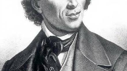 Hans Christian Andersen, dänischer Schriftsteller (1805–1875). Das Porträt wurde 1841 in Dresden von Professor Vogel von Vogelstein gezeichnet. 