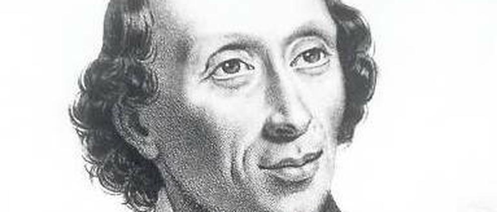 Hans Christian Andersen, dänischer Schriftsteller (1805–1875). Das Porträt wurde 1841 in Dresden von Professor Vogel von Vogelstein gezeichnet.