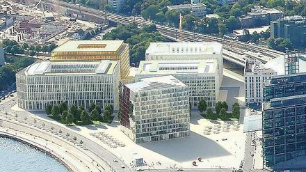 Südlage. So soll der Vorplatz des Hauptbahnhofs einmal aussehen. Vier Blöcke und ein Kubus – für den es bisher aber noch keinen Investor gibt. Der bauliche Sündenfall, das „Meininger-Hotel“, rechts vor dem Bahnhof, verschwindet aus dem Blickfeld. Simulation: CA-Immo