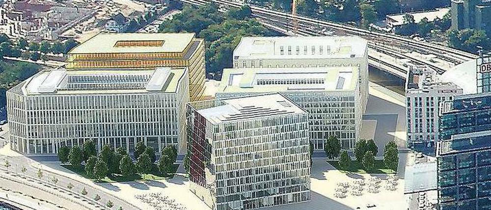 Südlage. So soll der Vorplatz des Hauptbahnhofs einmal aussehen. Vier Blöcke und ein Kubus – für den es bisher aber noch keinen Investor gibt. Der bauliche Sündenfall, das „Meininger-Hotel“, rechts vor dem Bahnhof, verschwindet aus dem Blickfeld. Simulation: CA-Immo