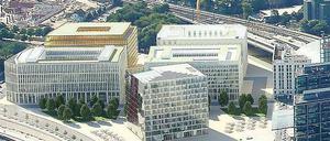 Südlage. So soll der Vorplatz des Hauptbahnhofs einmal aussehen. Vier Blöcke und ein Kubus – für den es bisher aber noch keinen Investor gibt. Der bauliche Sündenfall, das „Meininger-Hotel“, rechts vor dem Bahnhof, verschwindet aus dem Blickfeld. Simulation: CA-Immo